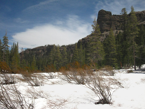 Hiking South through snow through the Meadow South of Round Lake. Looking back North at the dogleg beween meadows.